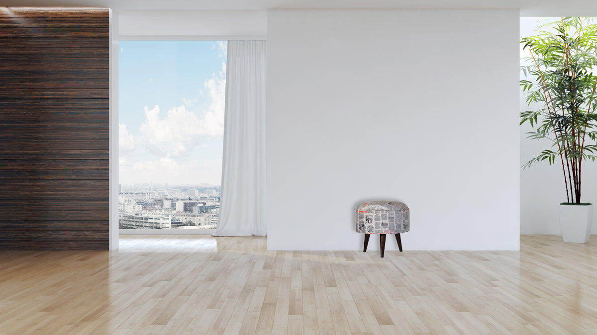 IN1018 - Round Footstool with News Print Velvet