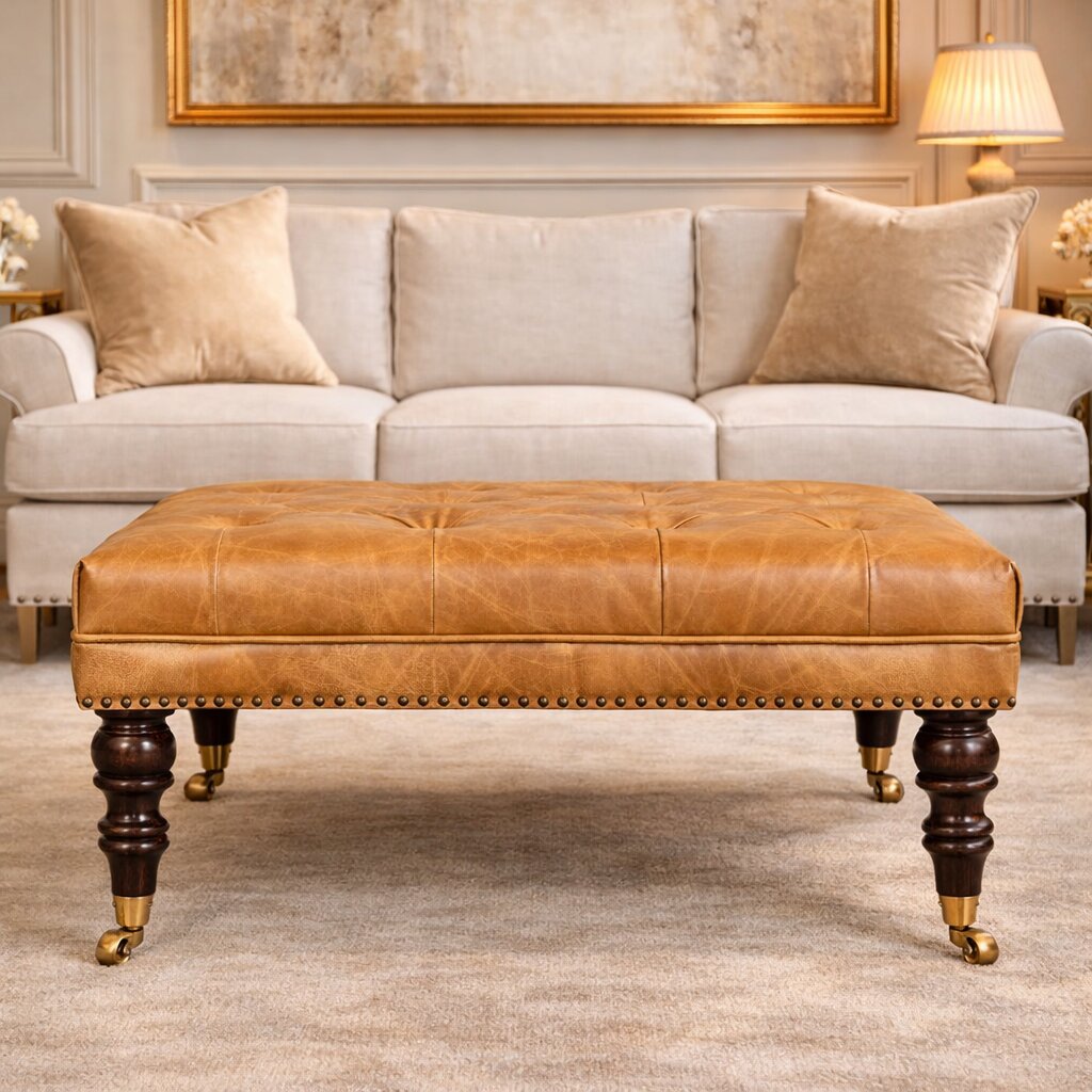 Tan Leather Upholstered Coffee Table