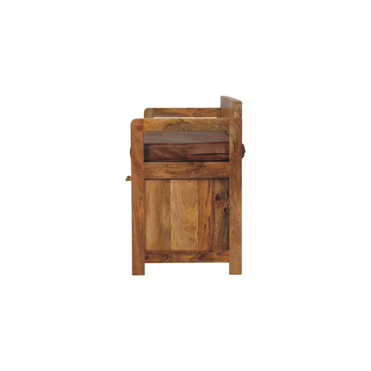 Oakish Storage Bench with Brown Leather Seat